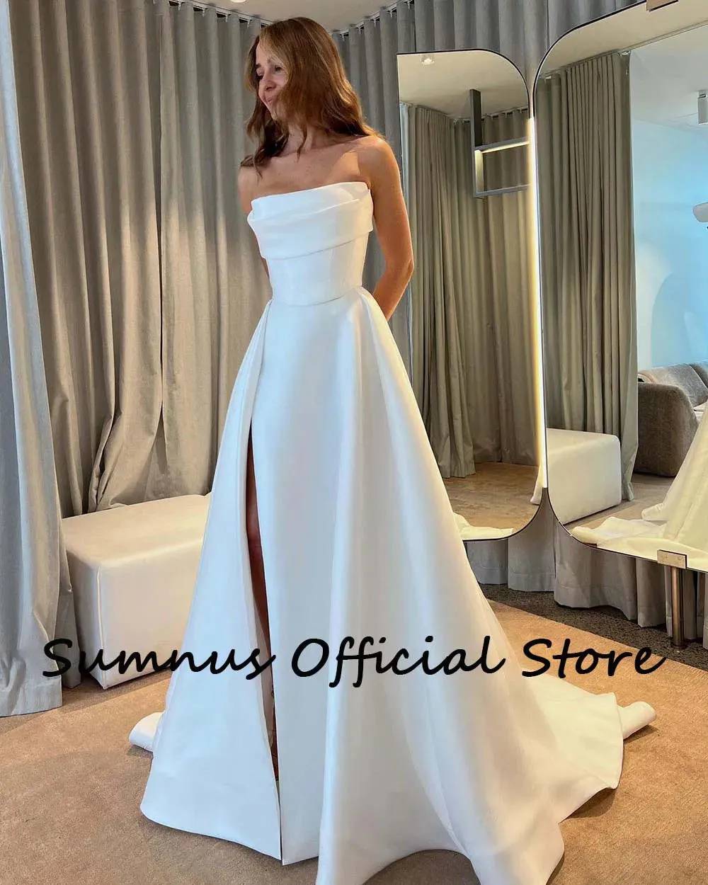 A Line Wedding Dresses Strapless Hight Split Long Wedding Party Gowns