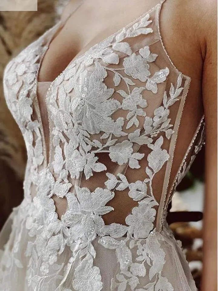 Beach Wedding Dresses Long Tulle Lace Vintage Bridal Gown A-Line