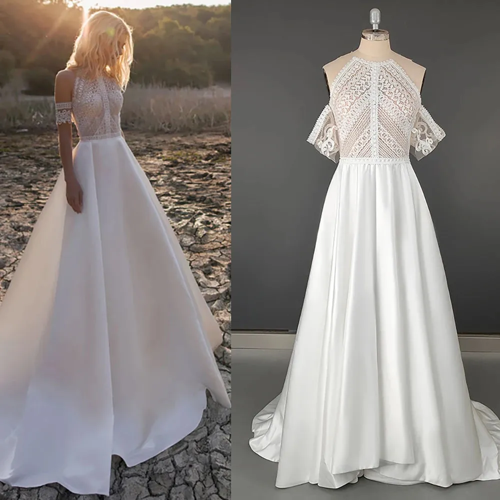 Bohemian Cutout Lace Halter Wedding Dress A Line Racerback Pearls