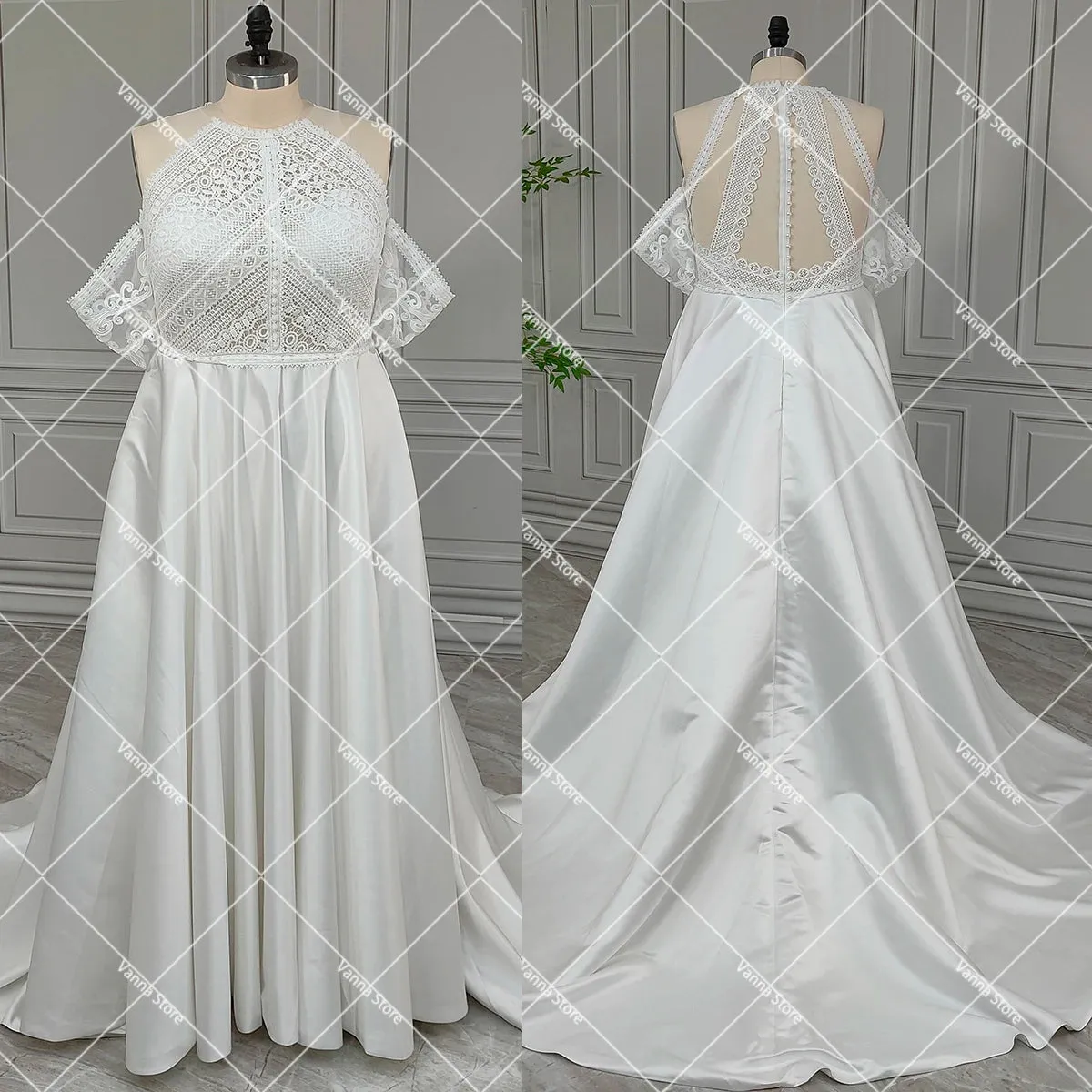 Bohemian Cutout Lace Halter Wedding Dress A Line Racerback Pearls