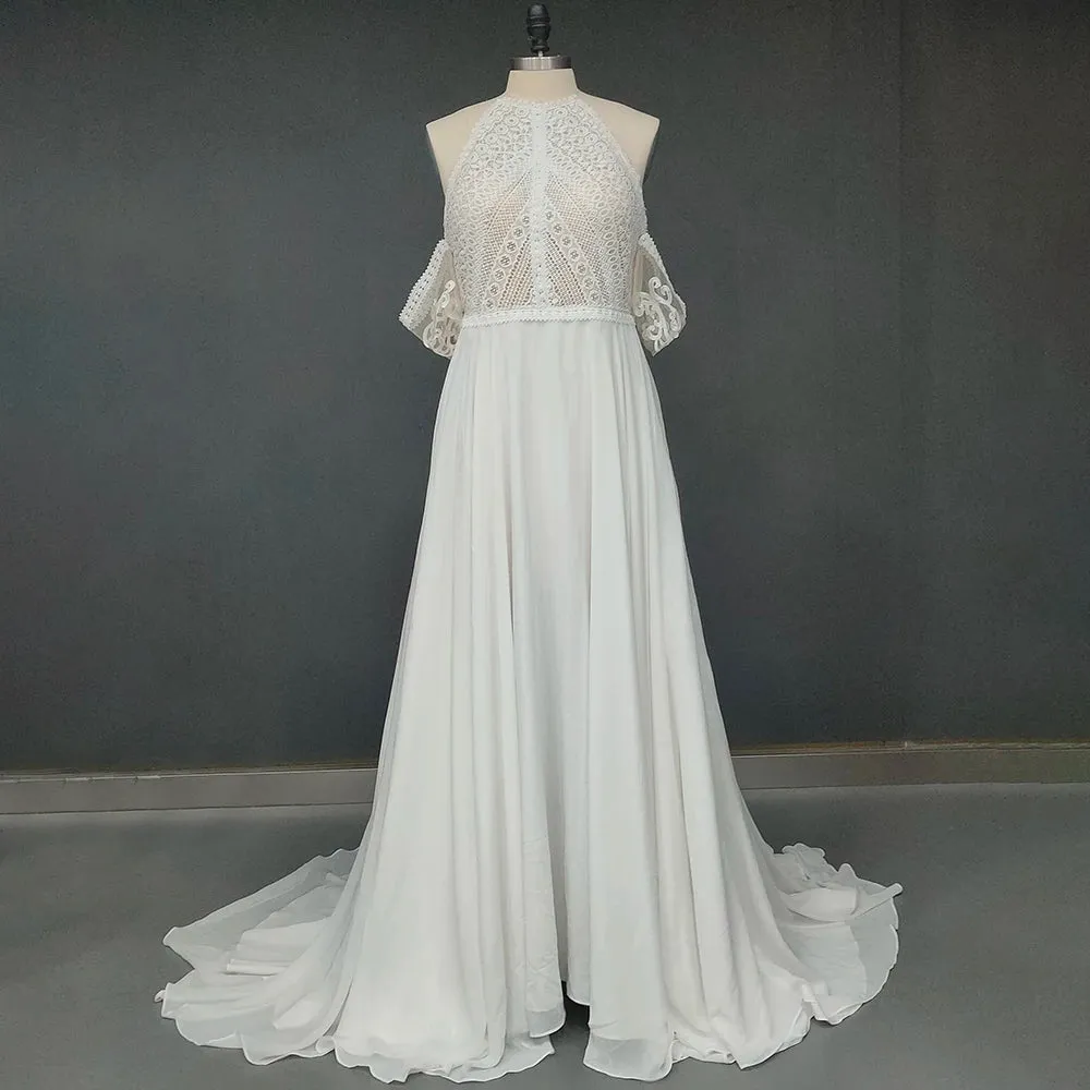 Bohemian Cutout Lace Halter Wedding Dress A Line Racerback Pearls