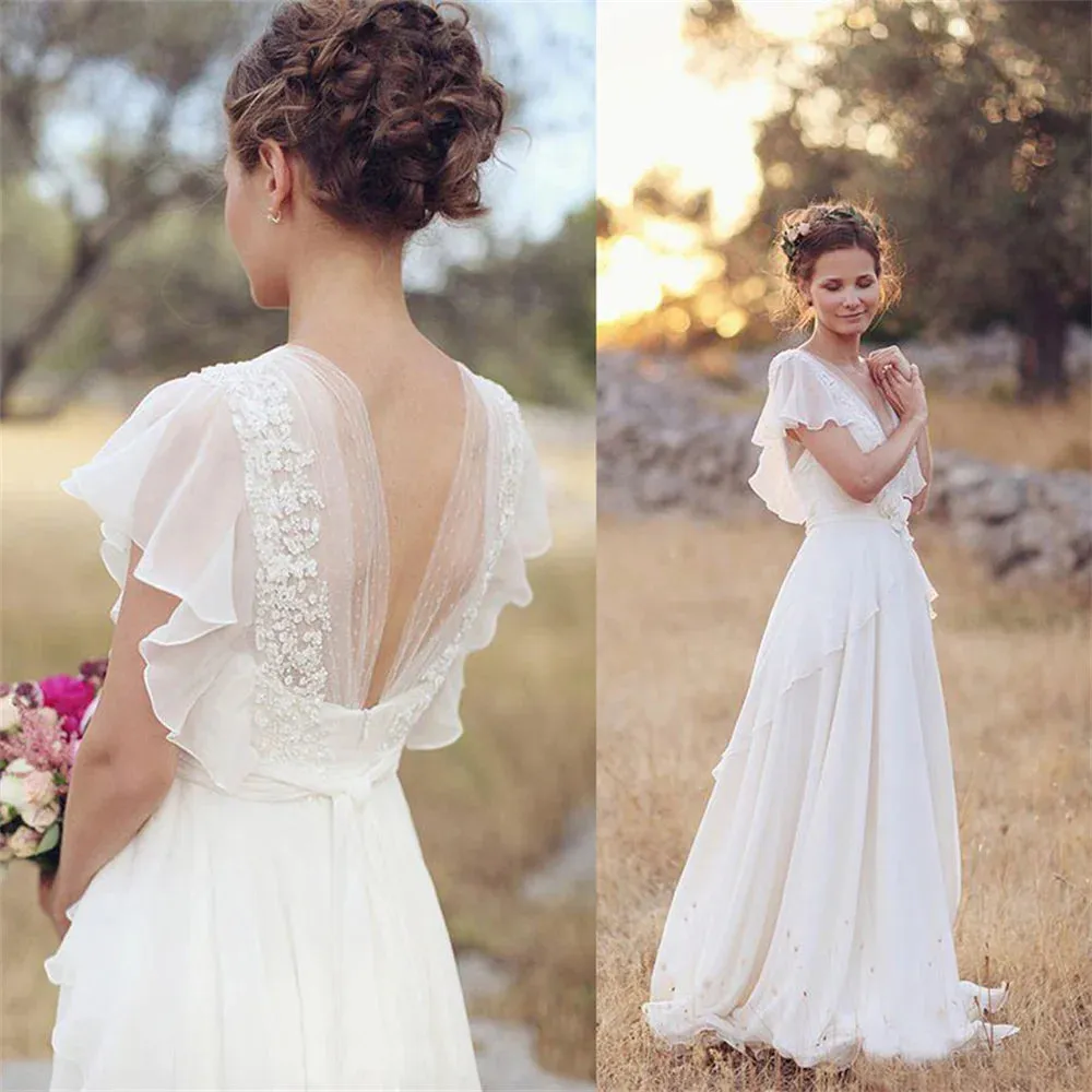 Boho V-Neck Wedding Dresses Chiffon A Line Short Sleeves Backless Floor Length