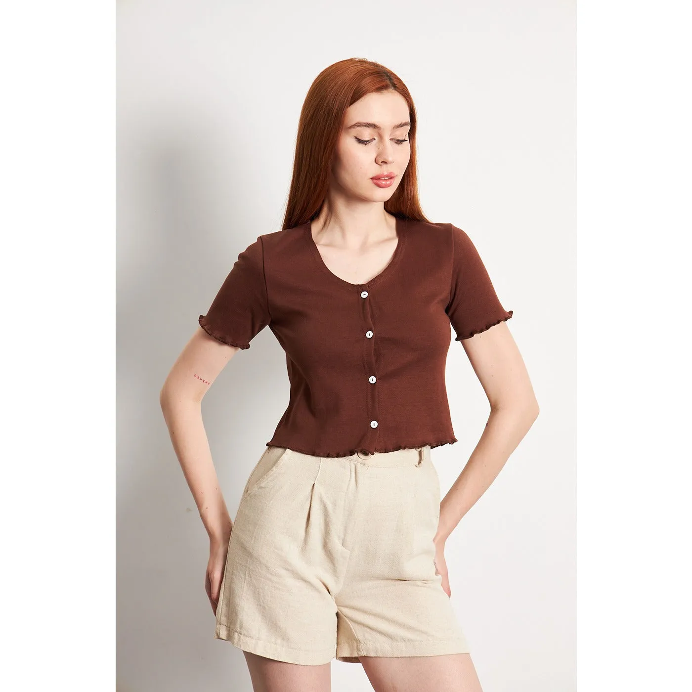 Brown Button Down Crop Top