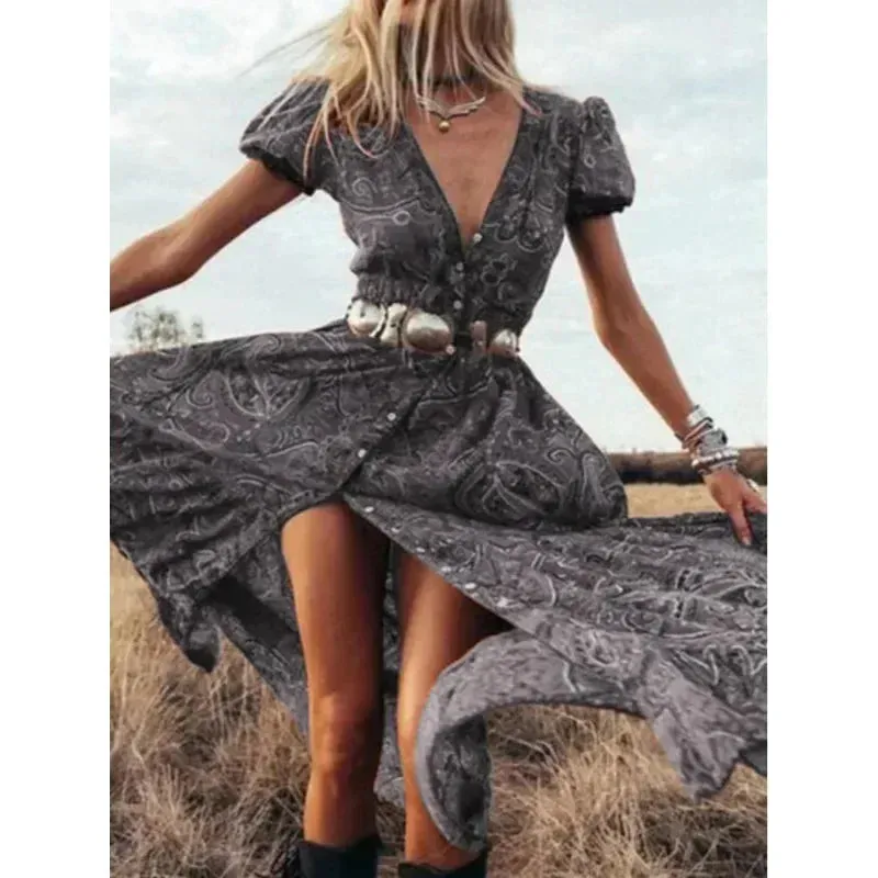 DressBetty - 2024 Floral Print Chiffon Three Quarter Sleeve V-neck Boho Long Dress