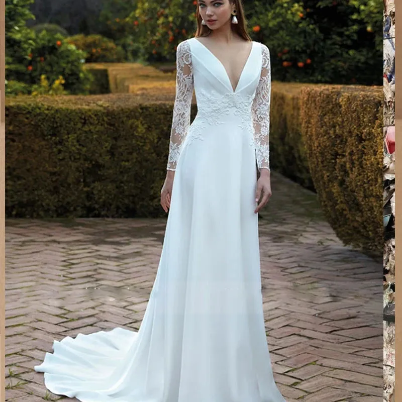 Elegant A Line Wedding Dresses Beach Long Sleeve V Neck Long Sleeve