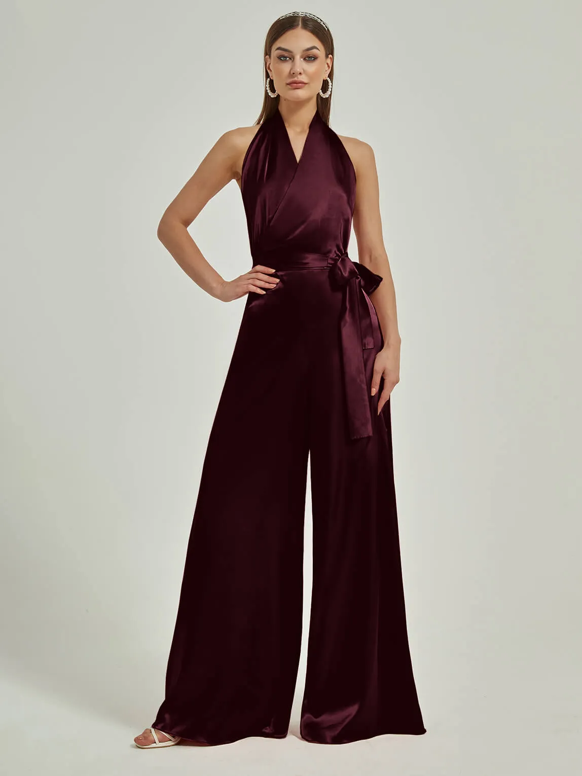 [Final Sale] Cabernet Satin Crisscross Halter Backless Wide Leg Jumpsuits Romper
