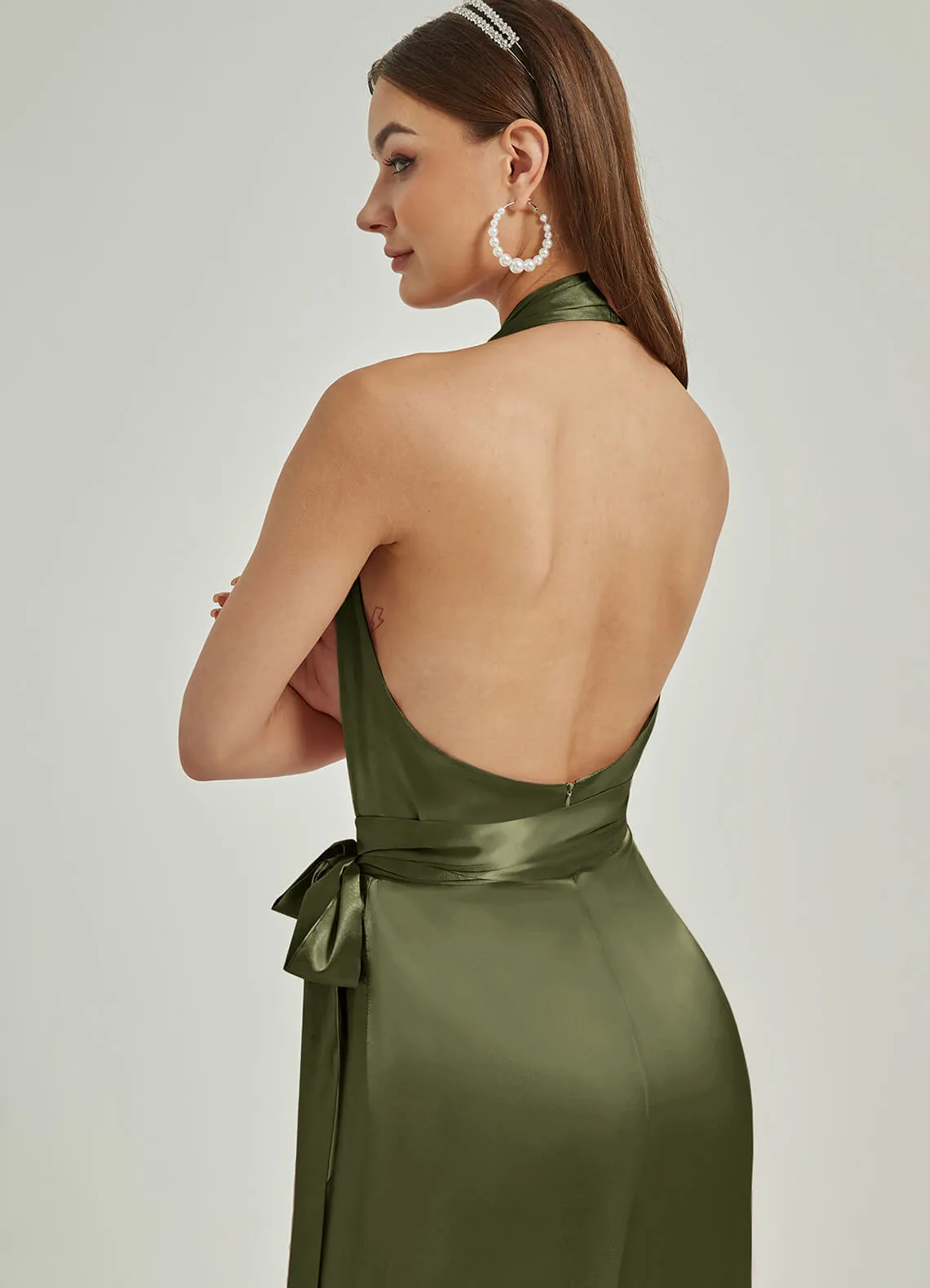 [Final Sale] Olive Satin Crisscross Halter Backless Wide Leg Jumpsuits Romper
