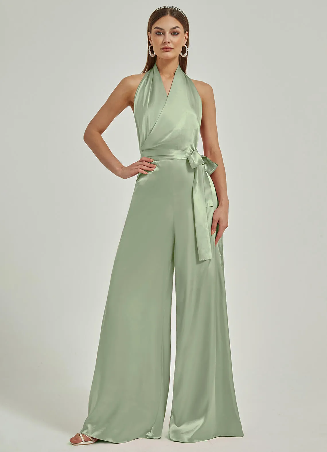 [Final Sale] Sage Green Satin Crisscross Halter Backless Wide Leg Jumpsuits Romper