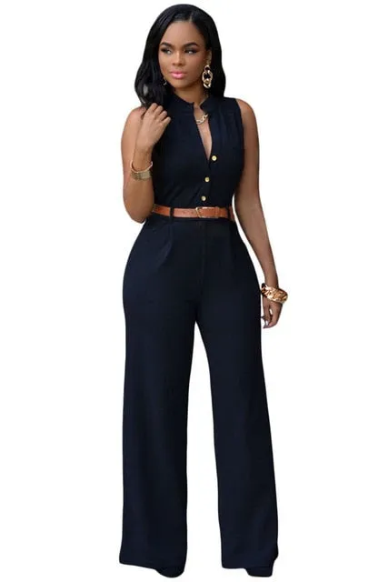 Formal Jumpsuit Wide Leg Pant Women Office Solid Color Sleeveless Belt Shirt Jumpsuit Basic V Neck Single Breasted Jumpsuit