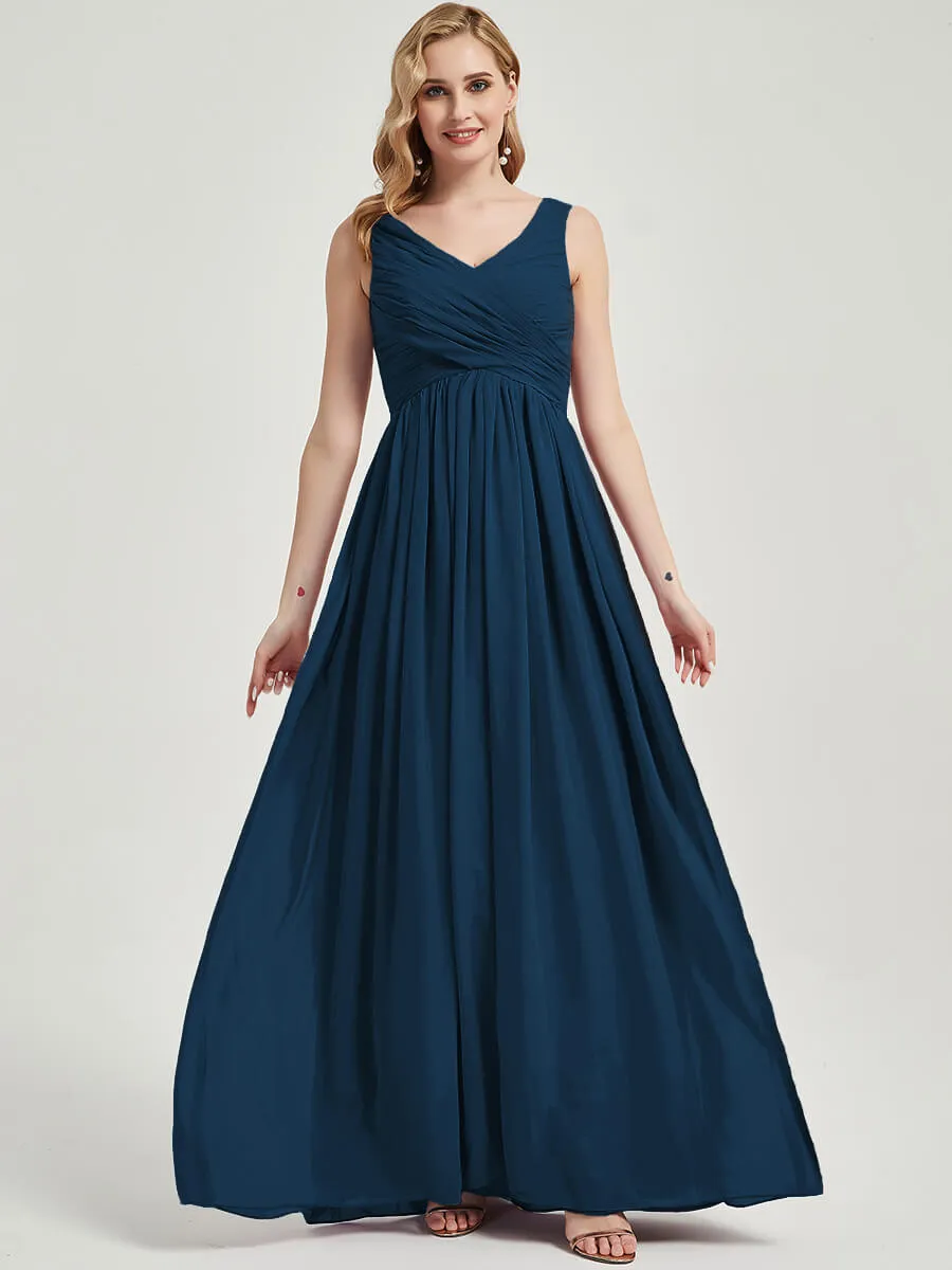 Ink Blue Empire V-Neck Sleeveless Floor Length Chiffon Bridesmaid Dress