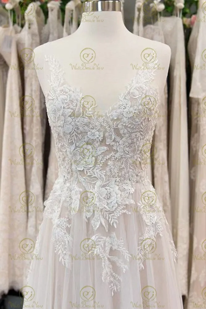 Lace Applique Wedding Dress V Neck Backless A Line Tulle Long Bridal Gown