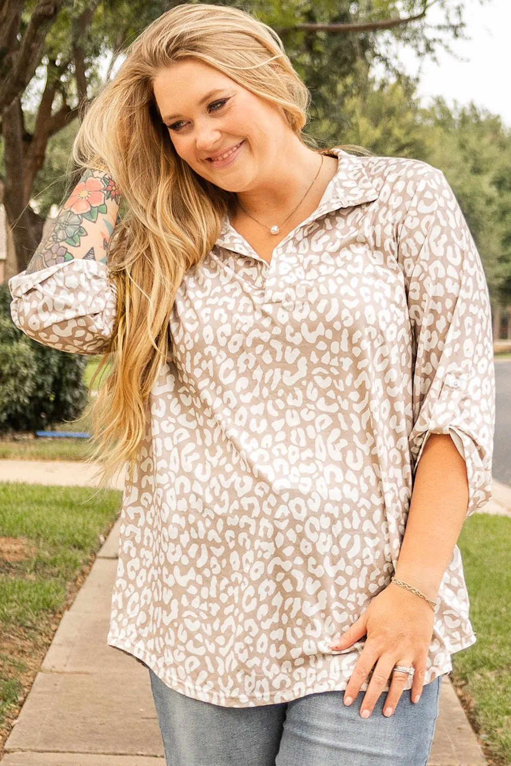 Leopard Tab Sleeve Plus Size Top