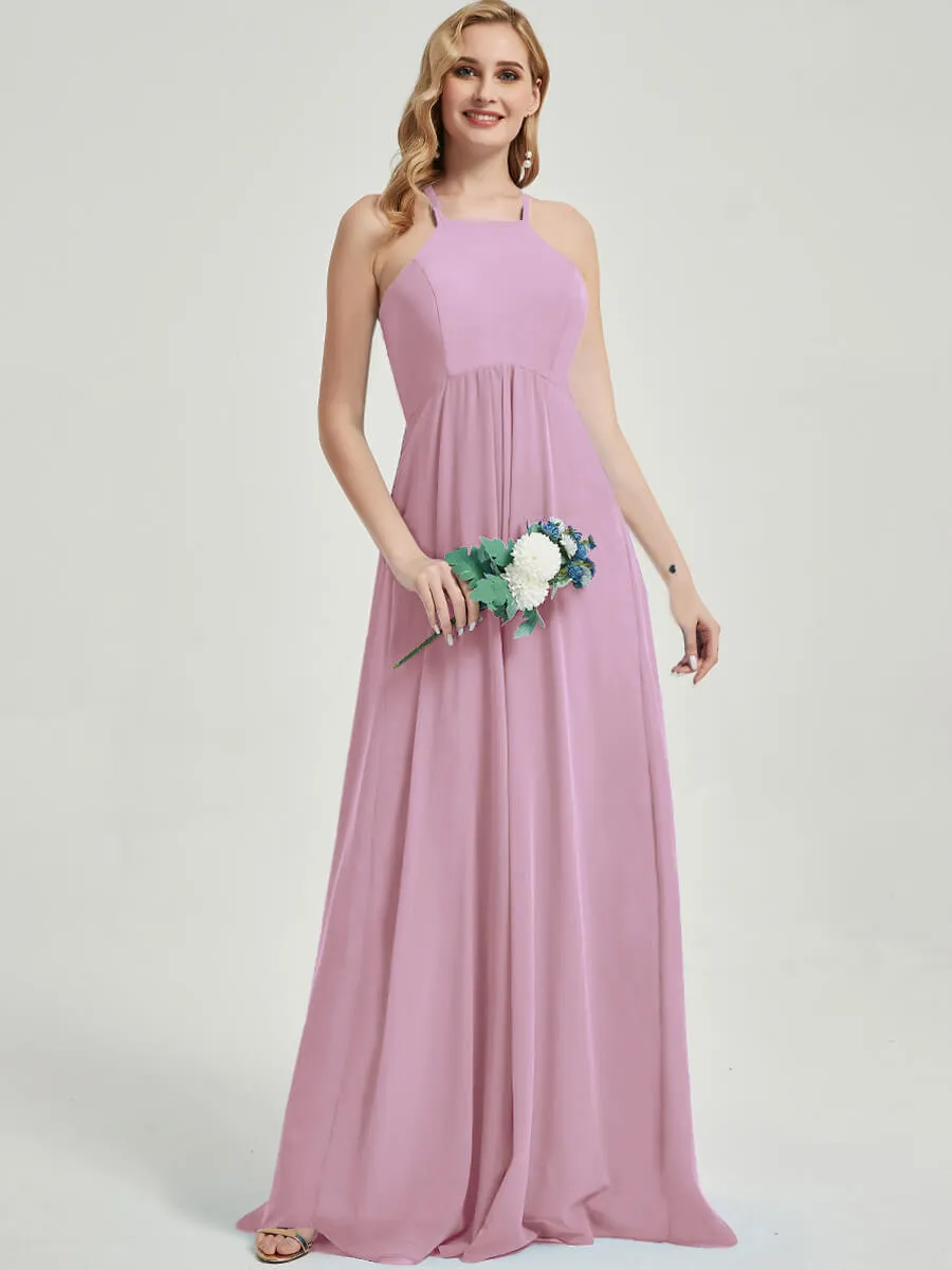 Mauve Halter Sleeveless Empire Pleated Backless Chiffon Bridesmaid Dress