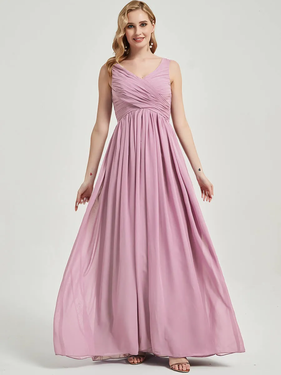 Mauve V-Neck Empire Sleeveless Pleated Chiffon Maxi Bridesmaid Dress