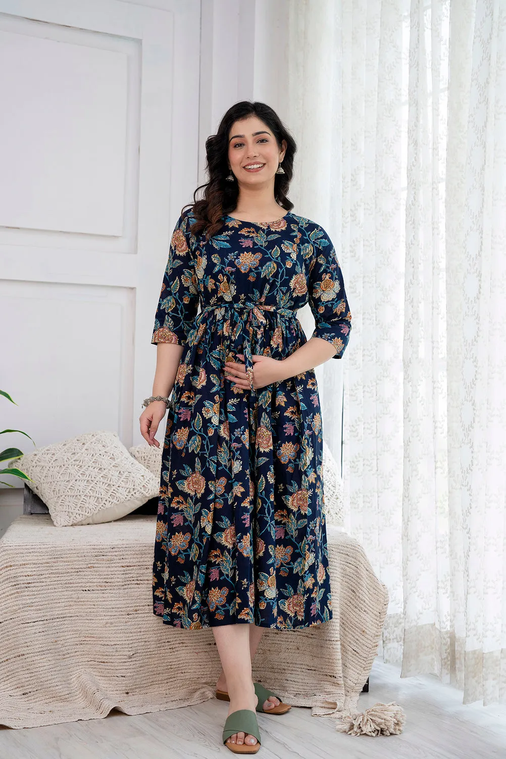 Navy Blue Printed Maternity Dress For Women