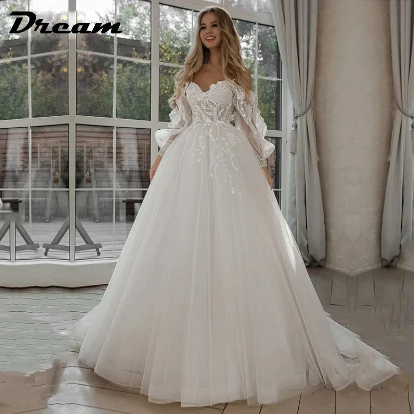 Off Shoulder Lace Glitter Tulle Wedding Dresses Long Puff Sleeve 3D Flowers