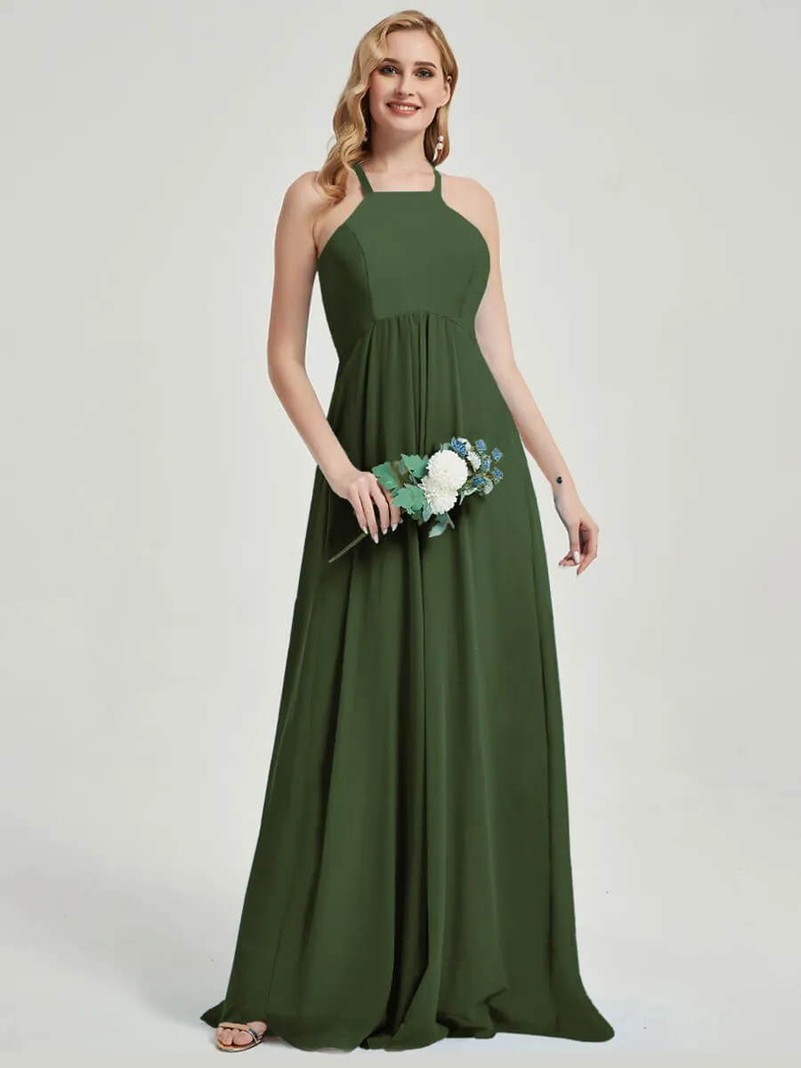 Olive Halter Sleeveless Empire Pleated Backless Chiffon Bridesmaid Dress