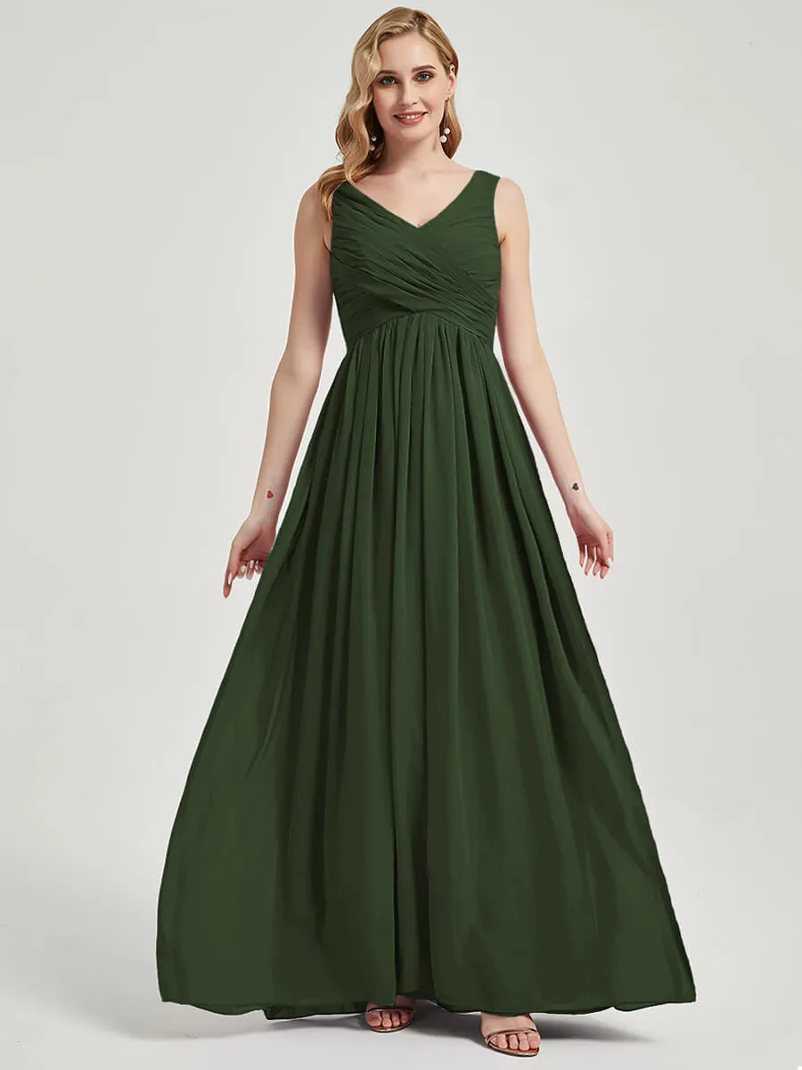 Olive V-Neck Empire Sleeveless Pleated Chiffon Maxi Bridesmaid Dress