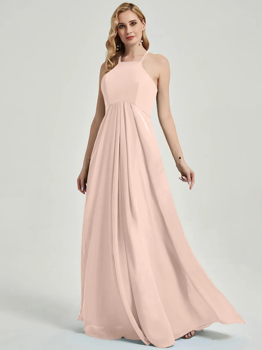 Pearl Pink Halter Empire Pleated Backless Chiffon Maxi Bridesmaid Dress