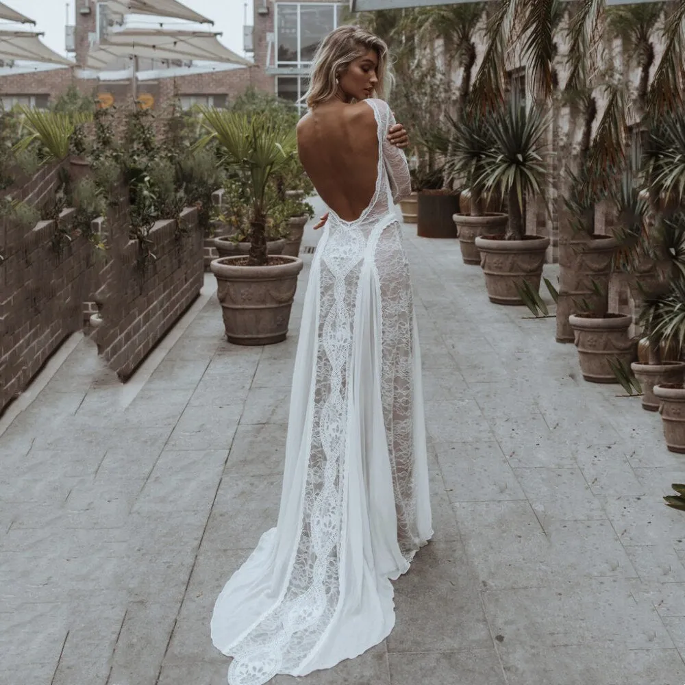 Plus Size Wedding Dresses Lace Sheath Bride Robes Full Sleeves Backless