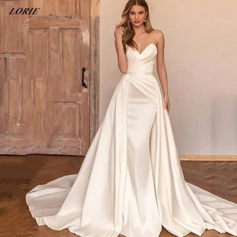 Satin Off Shoulder Wedding Dresses With Detachable Train Sweetheart A-Line