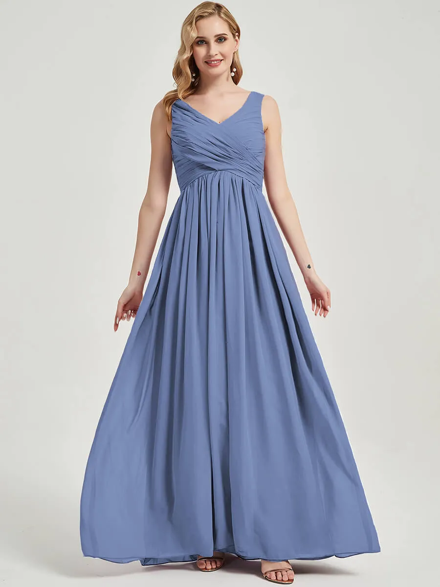 Slate Blue Empire Sleeveless Pleated Chiffon Maxi Bridesmaid Dress