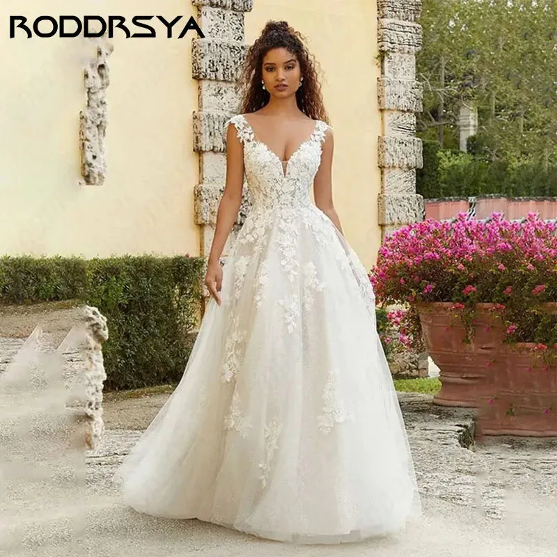 V-neck Boho Wedding Dresses Floor-length Tulle Vestido De Noiva Appliques
