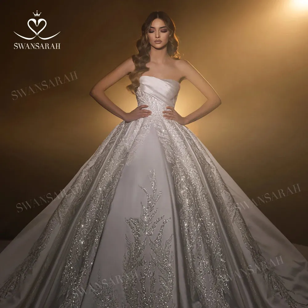 Wedding Dress Luxury Beaded Satin A-Line Bride Gown Court Train