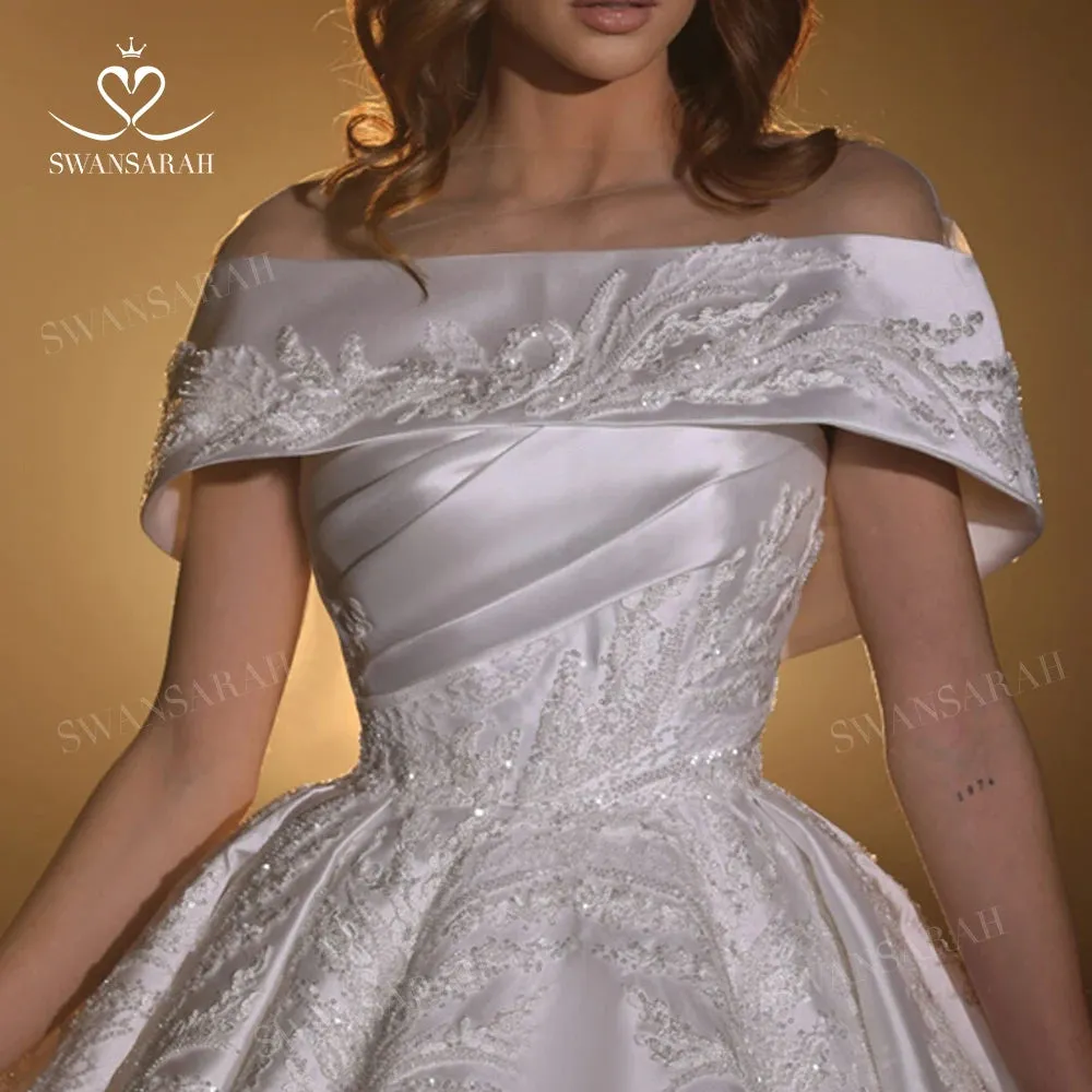 Wedding Dress Luxury Beaded Satin A-Line Bride Gown Court Train