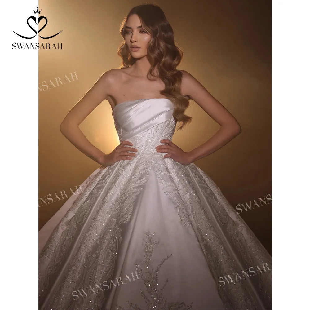 Wedding Dress Luxury Beaded Satin A-Line Bride Gown Court Train