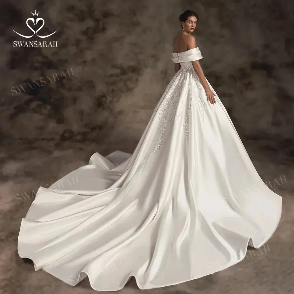 Wedding Dress Satin Beading A-Line Court Train Princess Bride Gown
