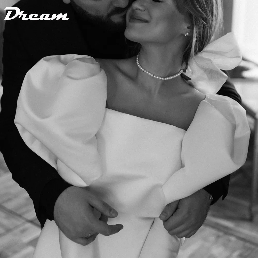 Wedding Dress Simple Square Neck Above Knee Mini Length Retro Bridal Gowns