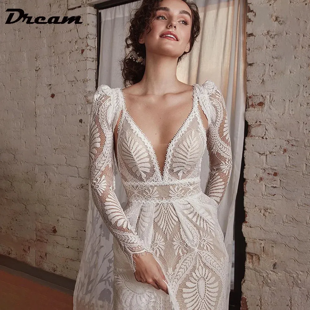 Wedding Dress With Detachable Long Sleeve Backless V Neck A Line Bridal Gown