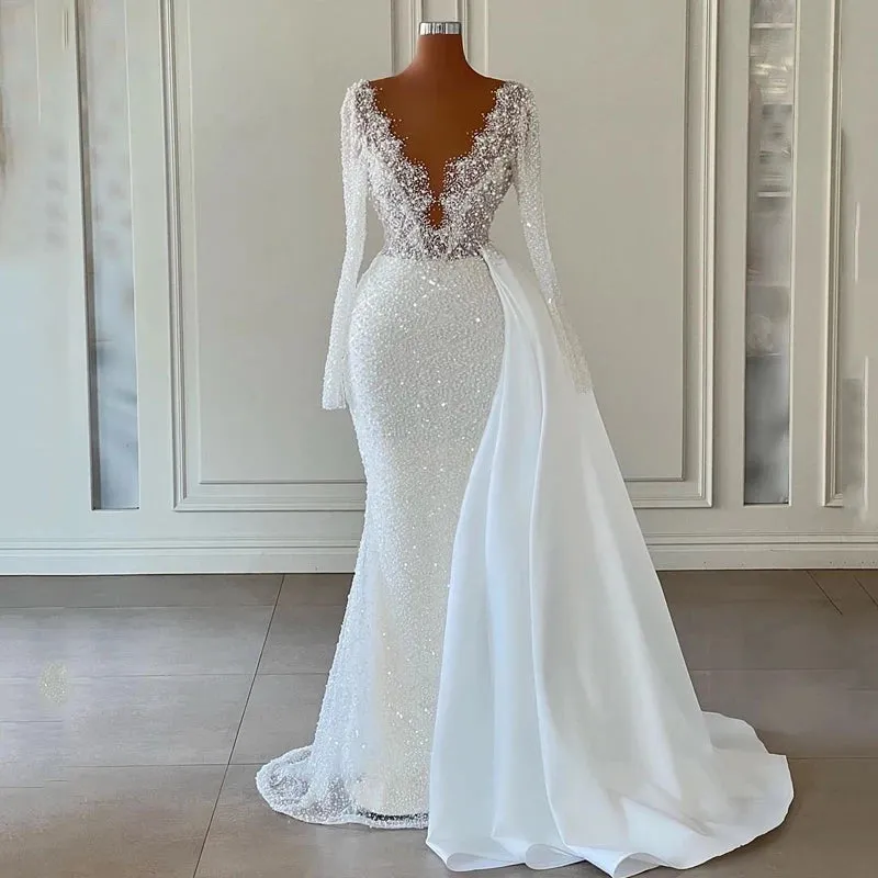 Wedding Dresses Boho Sequins Glitter Bride Dress V-Neck Long Sleeve