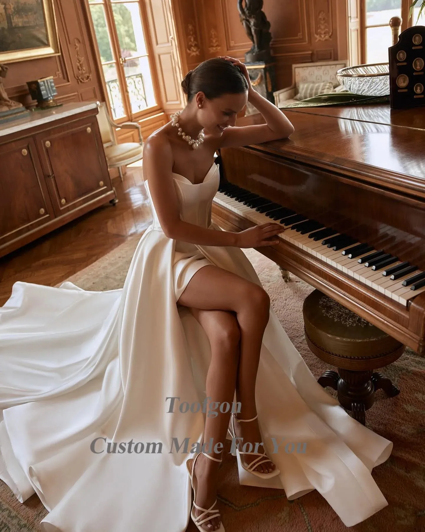 Wedding Dresses Detachable Long Sleeves Mini Lining Leg Slit Formal Bridal Gowns