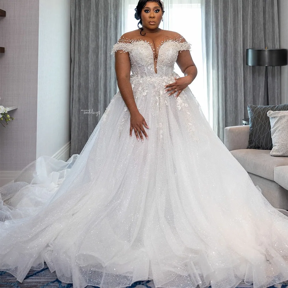 Wedding Dresses for Bride Sheer Neck Lace up Back Plus Size