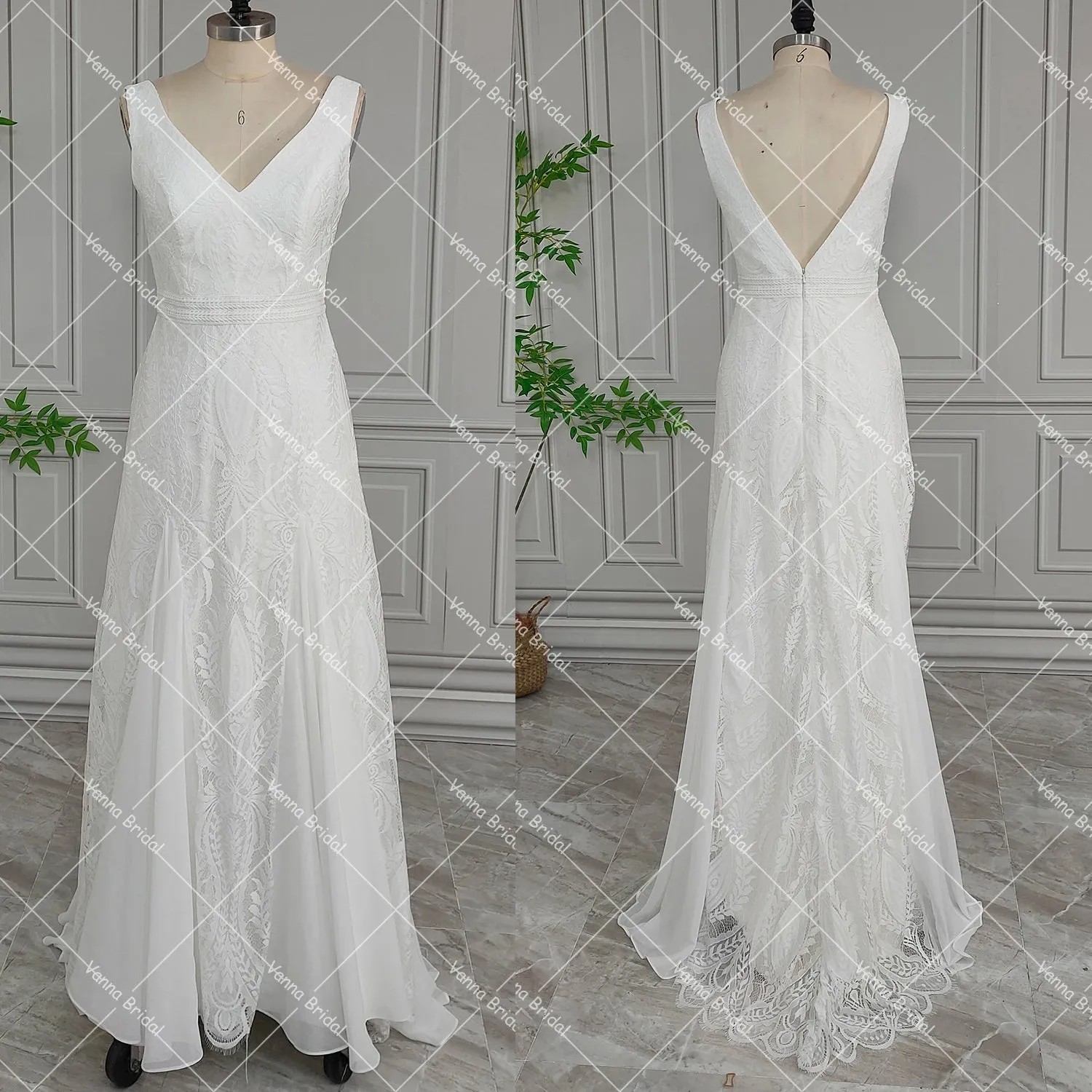 Wedding Guest Dresses:Boho A Line Wedding Dress Hippie Lace Custom Made V Neck