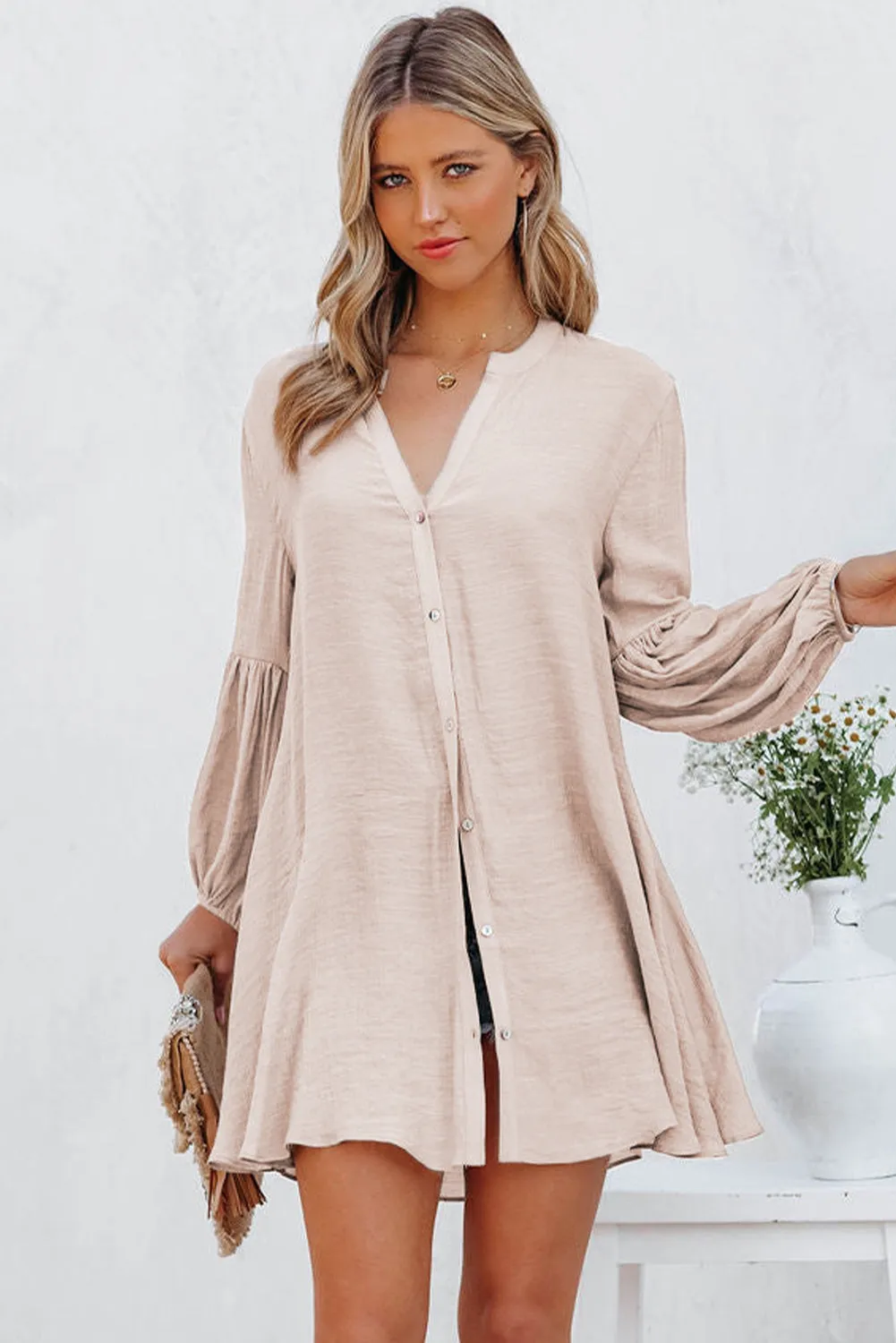 Womens Long Sleeve Oversized Blouses Tops Button Up Bishop Sleeve Shirt