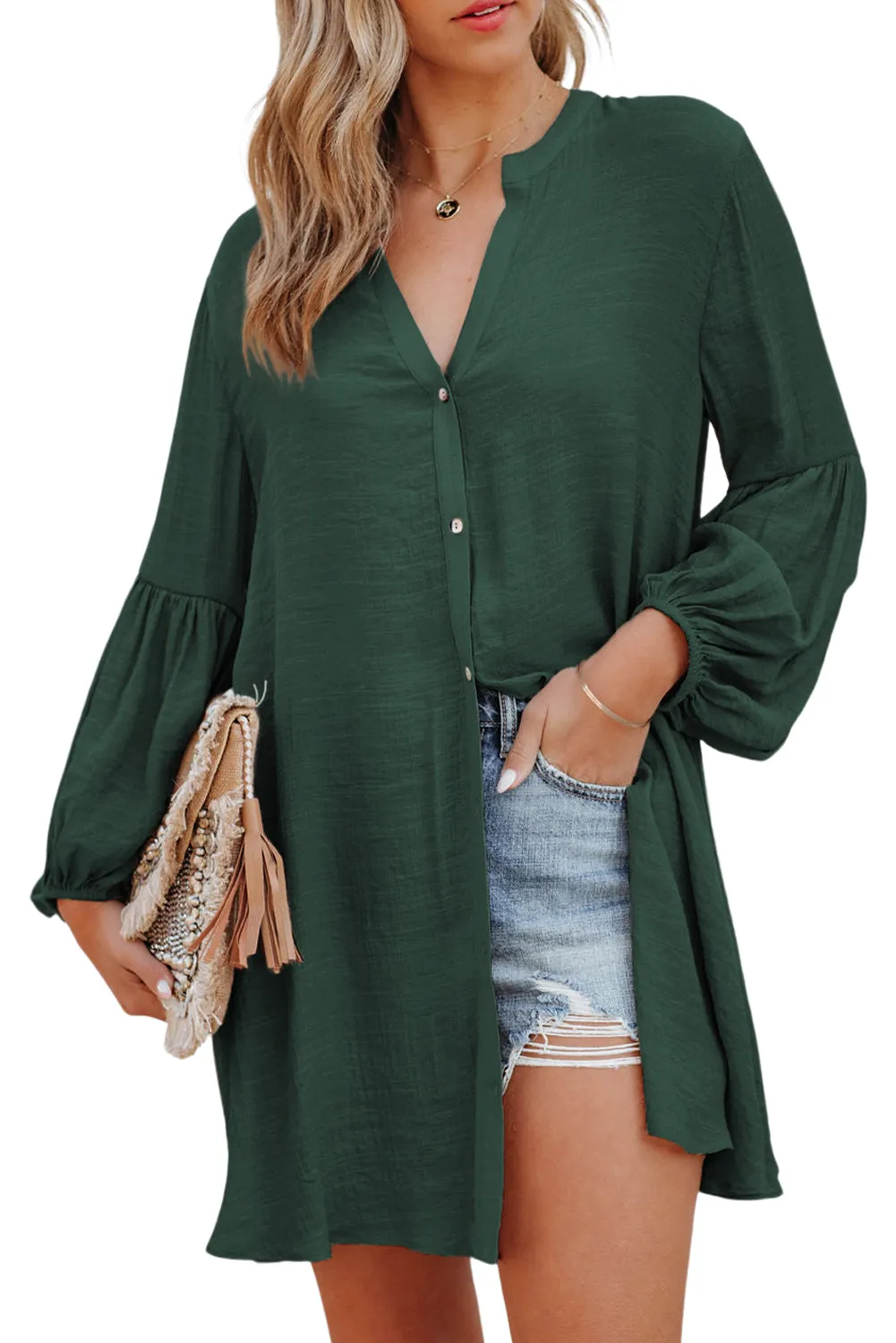 Womens Long Sleeve Oversized Blouses Tops Button Up Bishop Sleeve Shirt