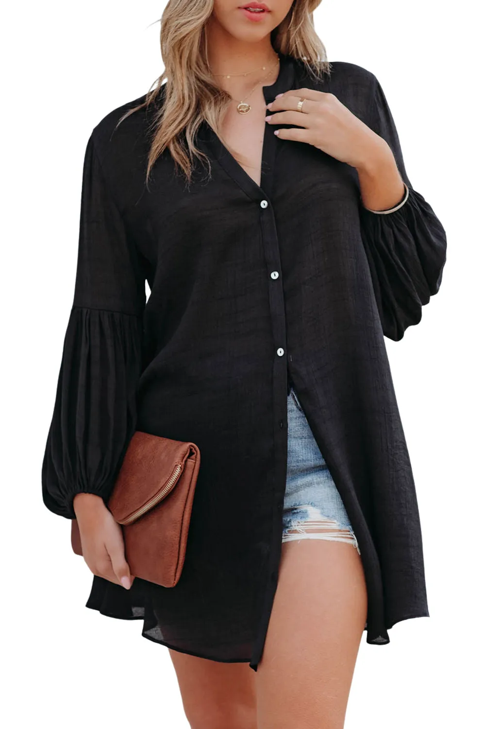 Womens Long Sleeve Oversized Blouses Tops Button Up Bishop Sleeve Shirt